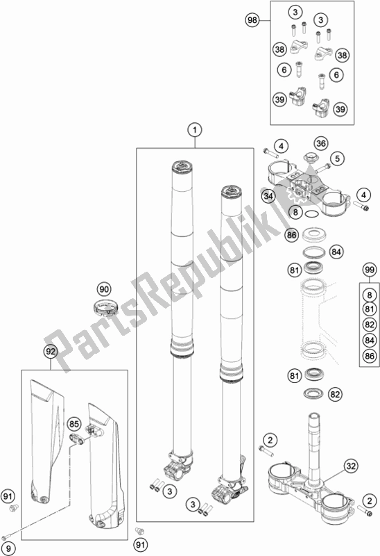 All parts for the Front Fork, Triple Clamp of the KTM 300 EXC SIX Days TPI EU 2018