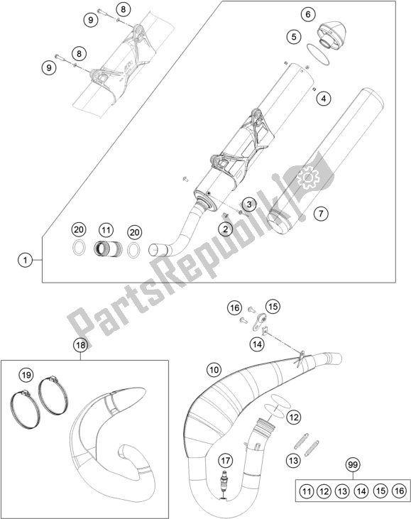 All parts for the Exhaust System of the KTM 300 EXC SIX Days TPI EU 2019