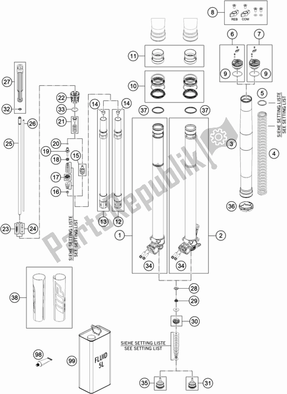 All parts for the Front Fork Disassembled of the KTM 300 EXC SIX Days TPI EU 2021