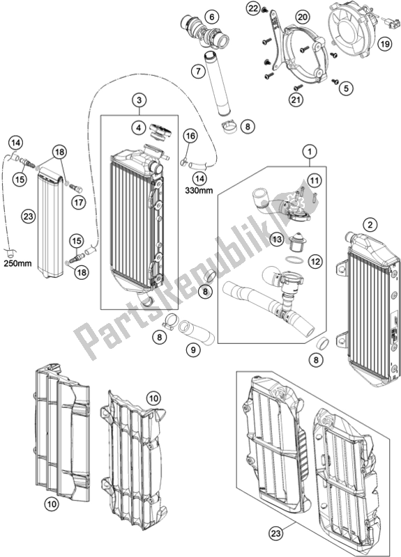 All parts for the Cooling System of the KTM 300 EXC TPI Erzbergrodeo EU 2020