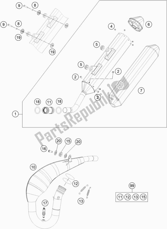 All parts for the Exhaust System of the KTM 300 EXC TPI Erzbergrodeo EU 2020