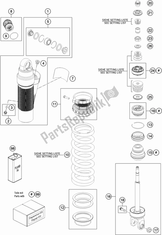 All parts for the Shock Absorber Disassembled of the KTM 300 EXC TPI Erzbergrodeo EU 2020