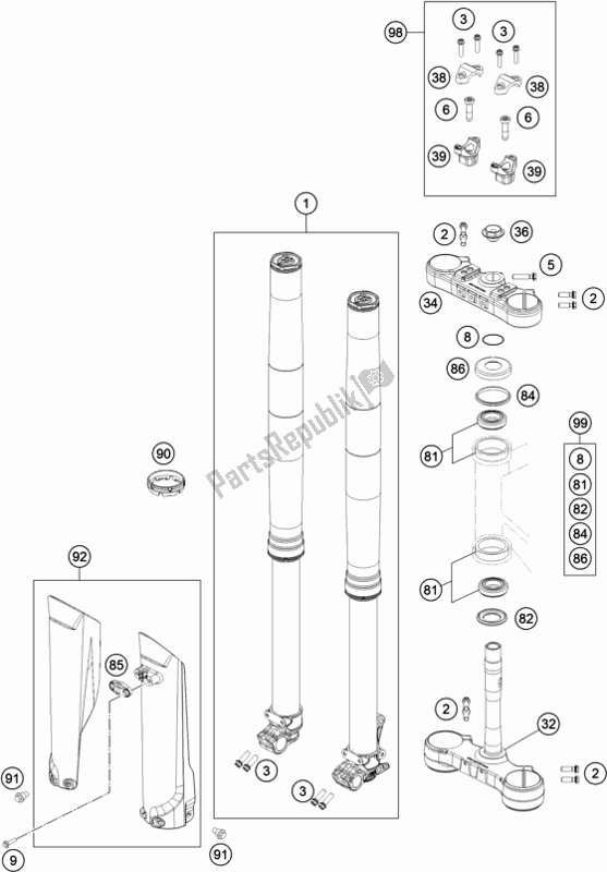 All parts for the Front Fork, Triple Clamp of the KTM 300 EXC TPI EU 2018