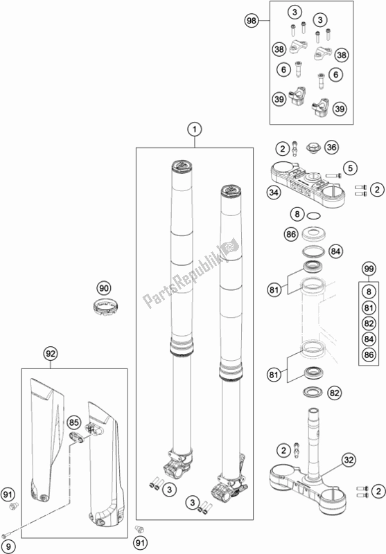 All parts for the Front Fork, Triple Clamp of the KTM 300 EXC TPI EU 2019