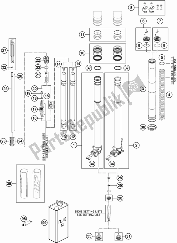 All parts for the Front Fork Disassembled of the KTM 300 EXC TPI EU 2021
