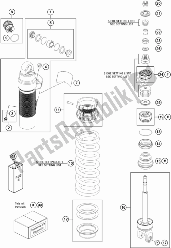 All parts for the Shock Absorber Disassembled of the KTM 300 EXC TPI EU 2021