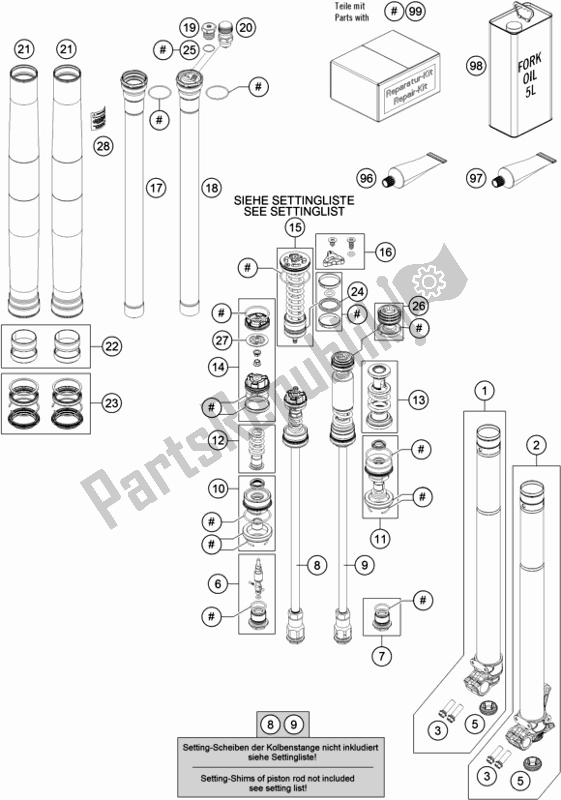 Todas as partes de Garfo Dianteiro Desmontado do KTM 300 XC US 2019