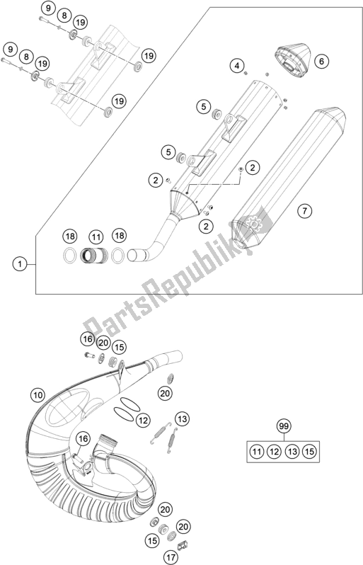 All parts for the Exhaust System of the KTM 300 XC-W TPI Erzbergrodeo US 2021