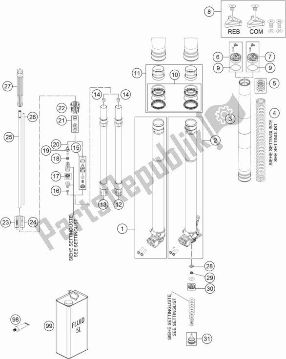 Tutte le parti per il Forcella Anteriore Smontata del KTM 350 Exc-f 2017