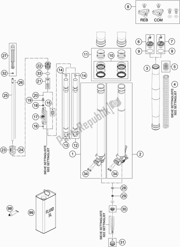 All parts for the Front Fork Disassembled of the KTM 350 Exc-f 2018
