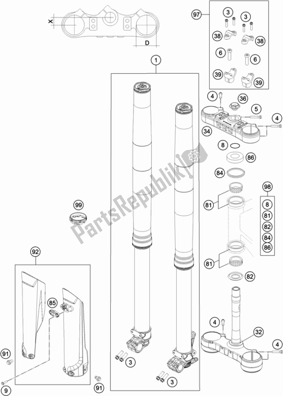 All parts for the Front Fork, Triple Clamp of the KTM 350 Exc-f 2019