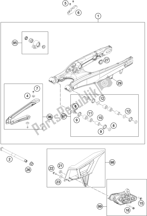 All parts for the Swing Arm of the KTM 350 Exc-f 2019