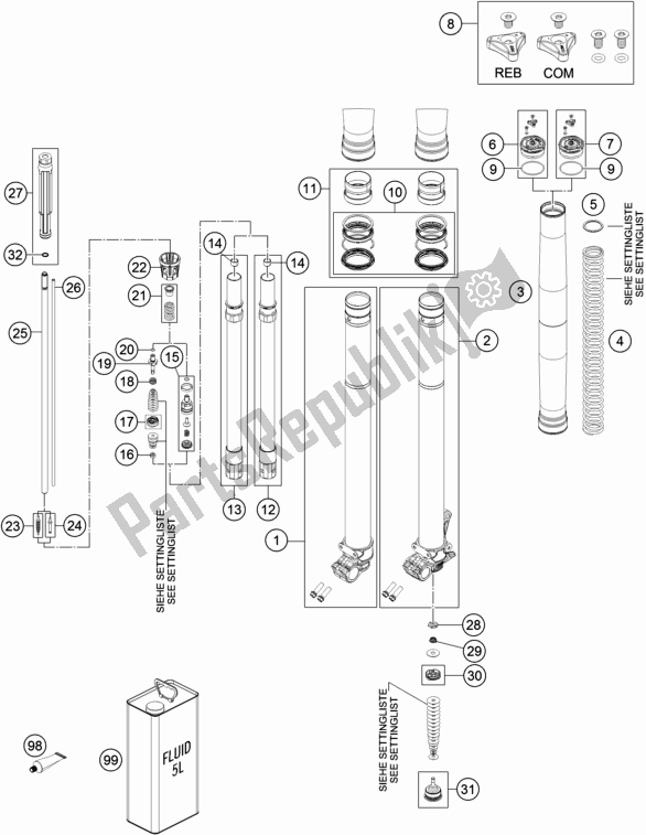 All parts for the Front Fork Disassembled of the KTM 350 Exc-f EU 2017