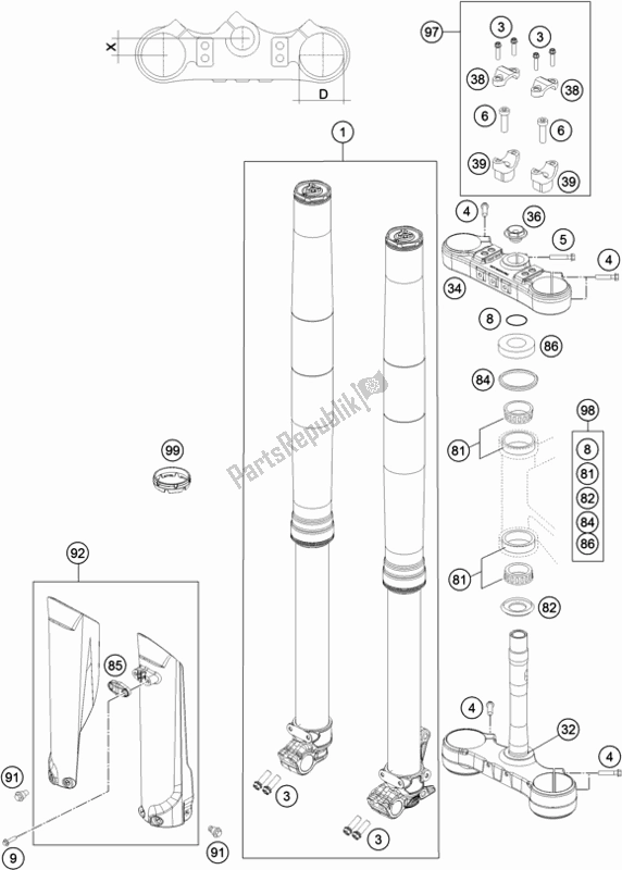 All parts for the Front Fork, Triple Clamp of the KTM 350 Exc-f EU 2018