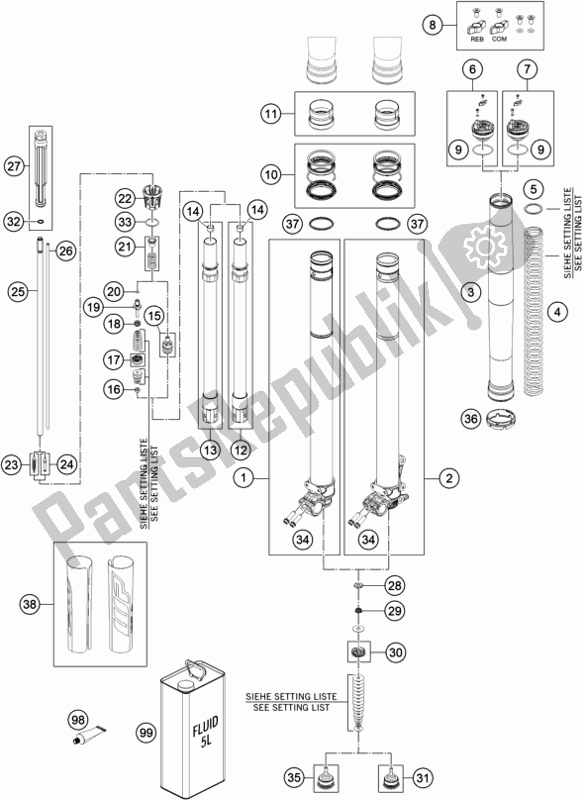 All parts for the Front Fork Disassembled of the KTM 350 Exc-f EU 2021