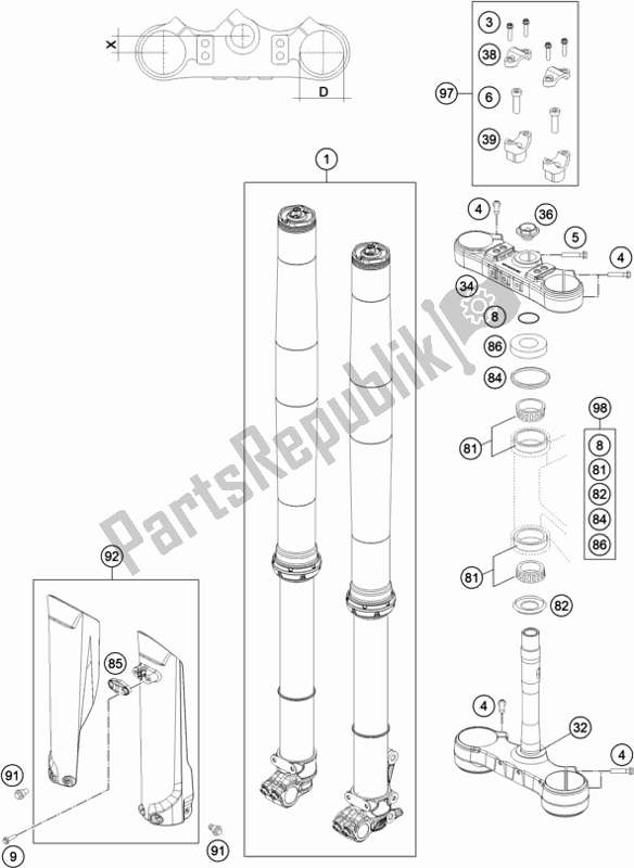 Todas las partes para Horquilla Delantera, Triple Abrazadera de KTM 350 Exc-f EU 2021