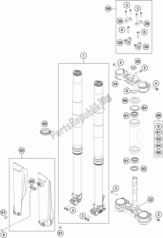 All parts for the Front Fork, Triple Clamp of the KTM 350 Exc-f SIX Days EU 2017