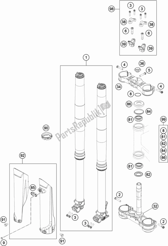 All parts for the Front Fork, Triple Clamp of the KTM 350 Exc-f SIX Days EU 2019