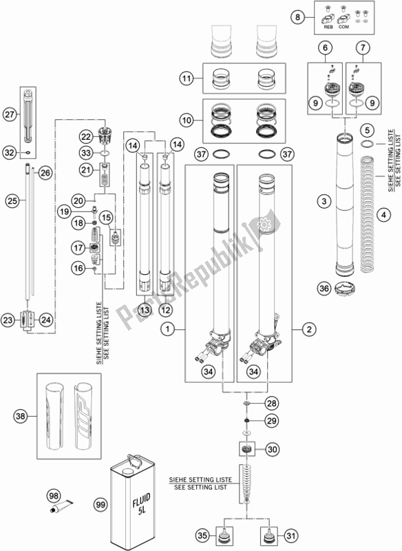 All parts for the Front Fork Disassembled of the KTM 350 Exc-f SIX Days EU 2021