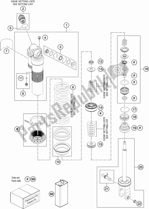 Alle onderdelen voor de Demper Gedemonteerd van de KTM 350 SX-F US 2020