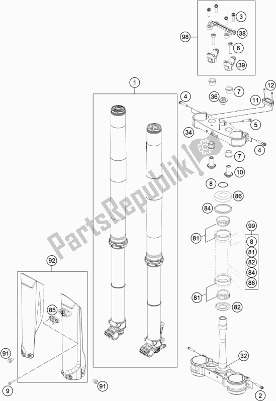 Alle onderdelen voor de Voorvork, Drievoudige Klem van de KTM 350 SX-F US 2021
