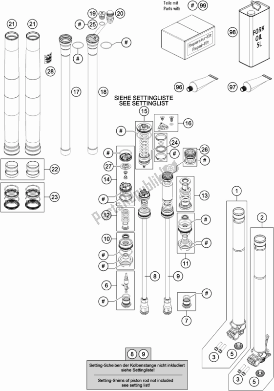 All parts for the Front Fork Disassembled of the KTM 350 XC-F US 2019