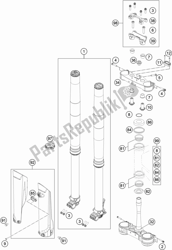 All parts for the Front Fork, Triple Clamp of the KTM 350 XC-F US 2019