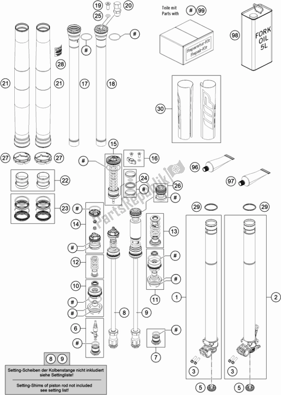 All parts for the Front Fork Disassembled of the KTM 350 XC-F US 2020