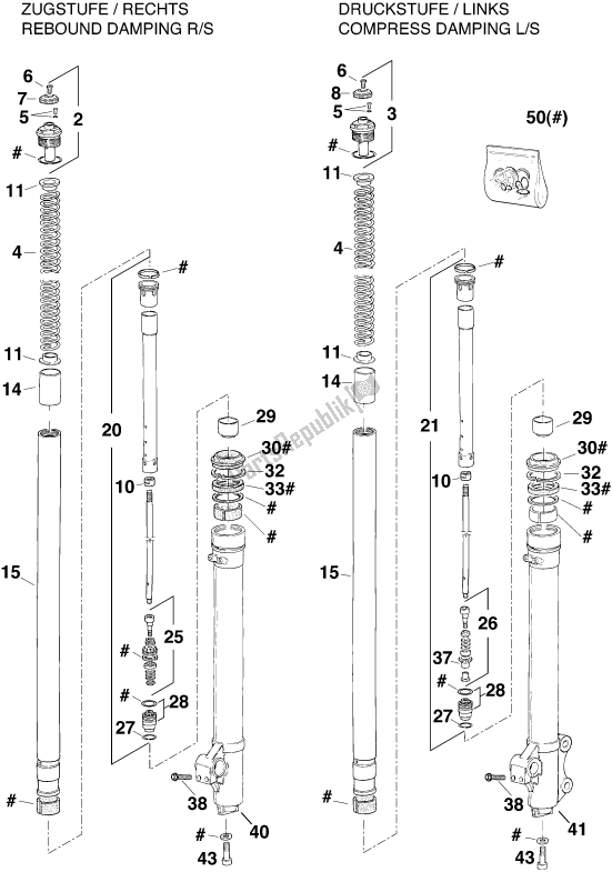 Toutes les pièces pour le Fourche Avant Démontée du KTM 360 EGS M/O 18 KW 13 LT 2020