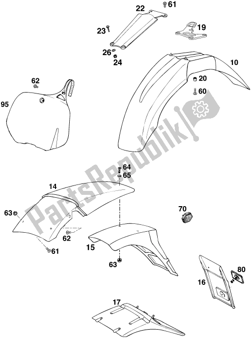 All parts for the Mask, Fenders of the KTM 360 EGS M/O 18 KW 13 LT 2020