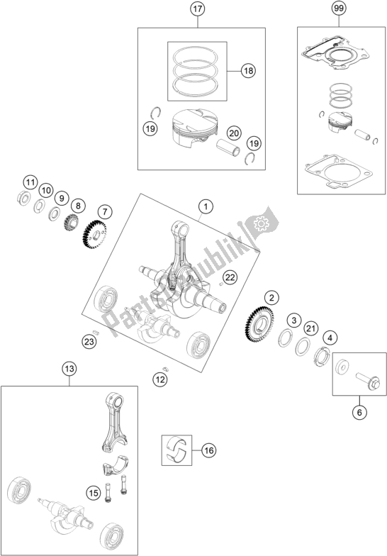 All parts for the Crankshaft, Piston of the KTM 390 Adventure,orange-B. D. 2020