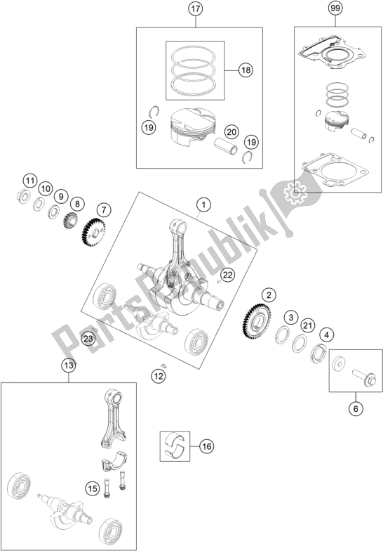 All parts for the Crankshaft, Piston of the KTM 390 Adventure,orange-B. D. 2020