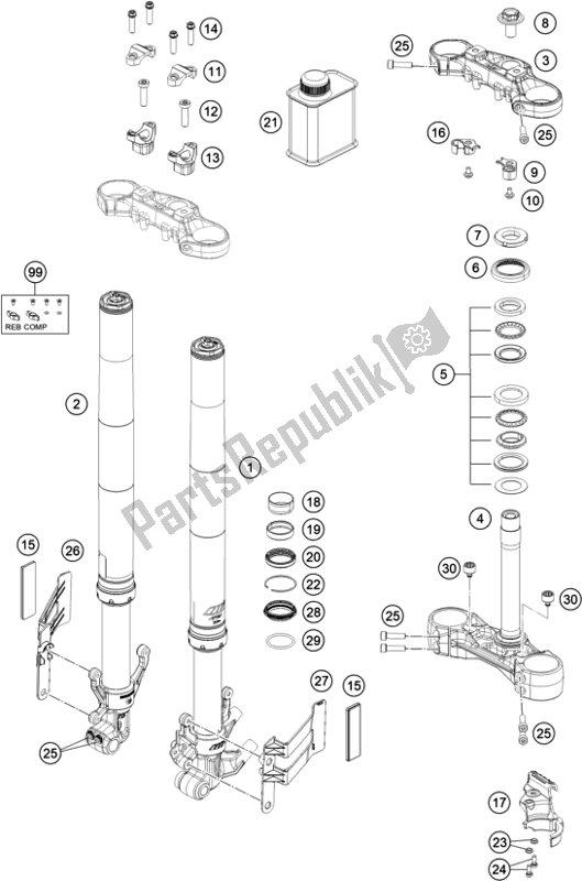 Todas las partes para Horquilla Delantera, Triple Abrazadera de KTM 390 Adventure,orange-B. D. 2021