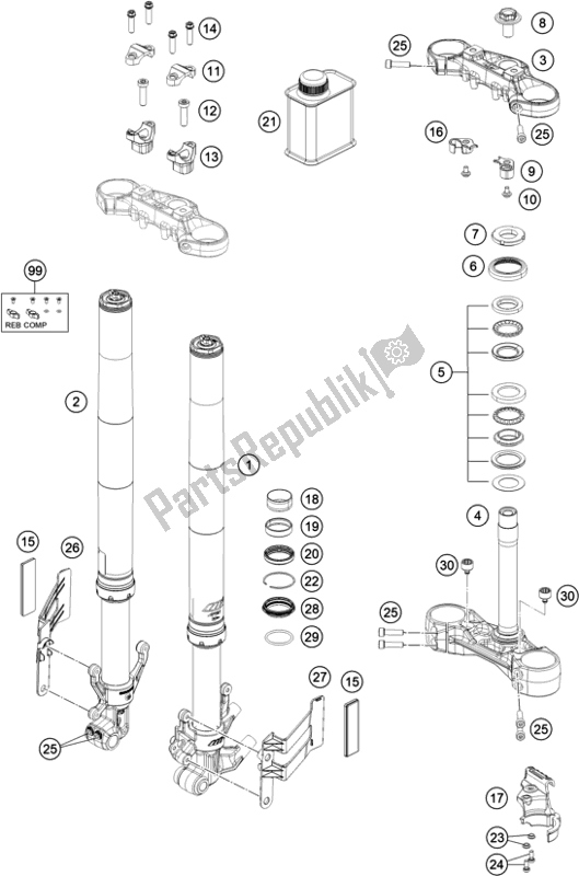 All parts for the Front Fork, Triple Clamp of the KTM 390 Adventure,orange EU 2021