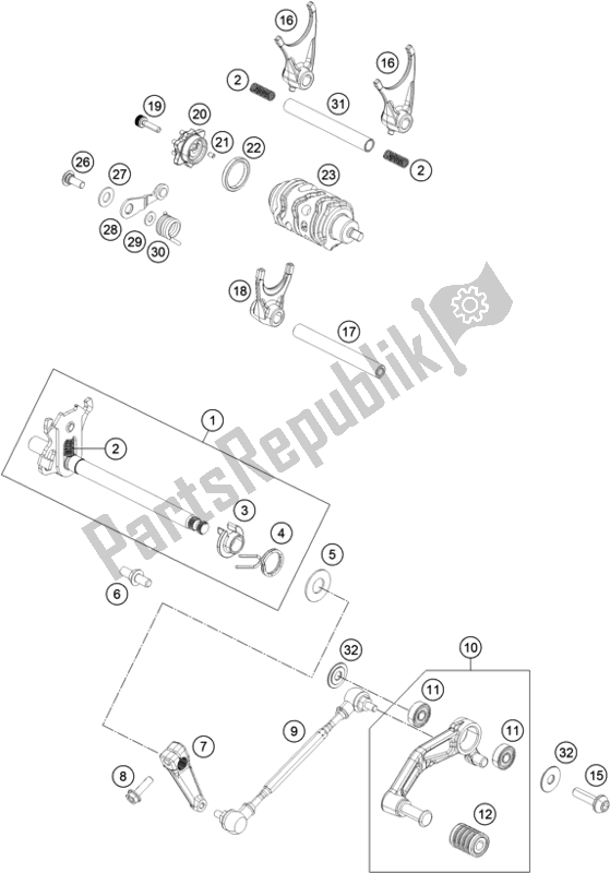 All parts for the Shifting Mechanism of the KTM 390 Duke,orange-B. D. 2020