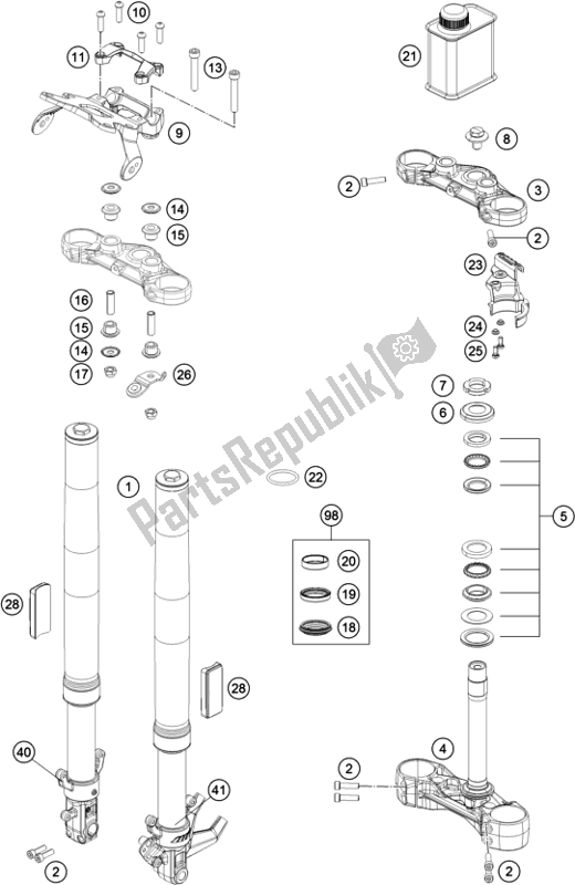 All parts for the Front Fork, Triple Clamp of the KTM 390 Duke,orange-CKD 17 2017