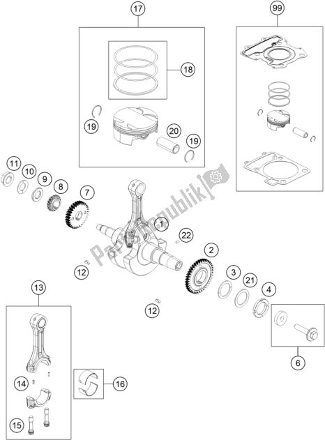 Tutte le parti per il Albero Motore, Pistone del KTM 390 Duke Orange B. D. 17 2017