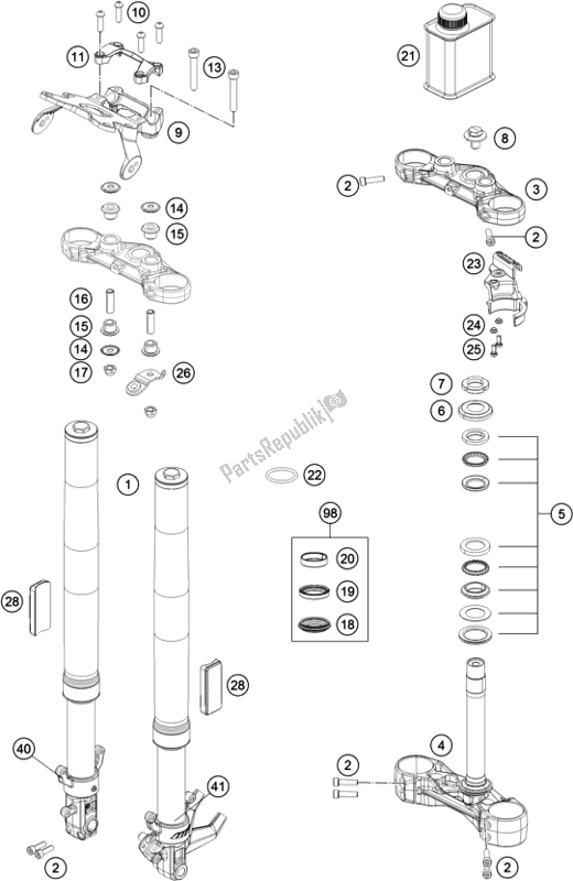 All parts for the Front Fork, Triple Clamp of the KTM 390 Duke Orange B. D. 17 2017