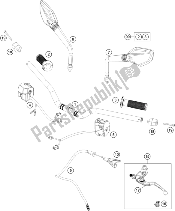 All parts for the Handlebar, Controls of the KTM 390 Duke Orange B. D. 17 2017