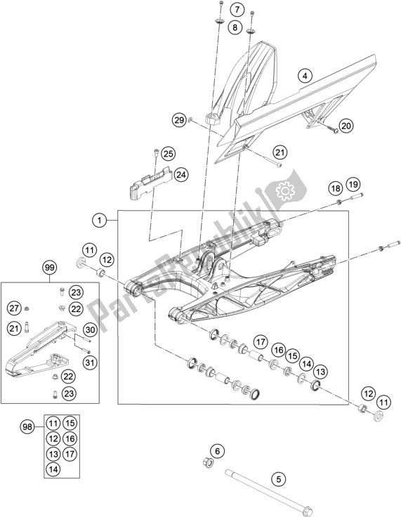 All parts for the Swing Arm of the KTM 390 Duke Orange B. D. 17 2017