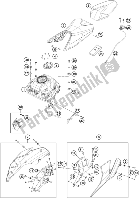 All parts for the Tank, Seat, Cover of the KTM 390 Duke Orange B. D. 17 2017