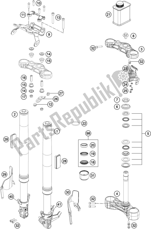 Tutte le parti per il Forcella Anteriore, Pinza Tripla del KTM 390 Duke,silver-B. D. 2021