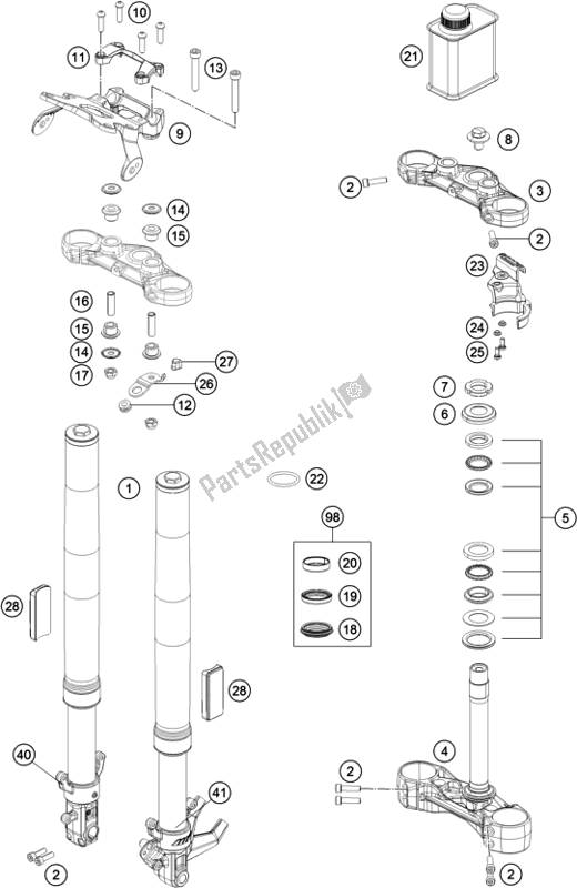 All parts for the Front Fork, Triple Clamp of the KTM 390 Duke,white-B. D. 2018