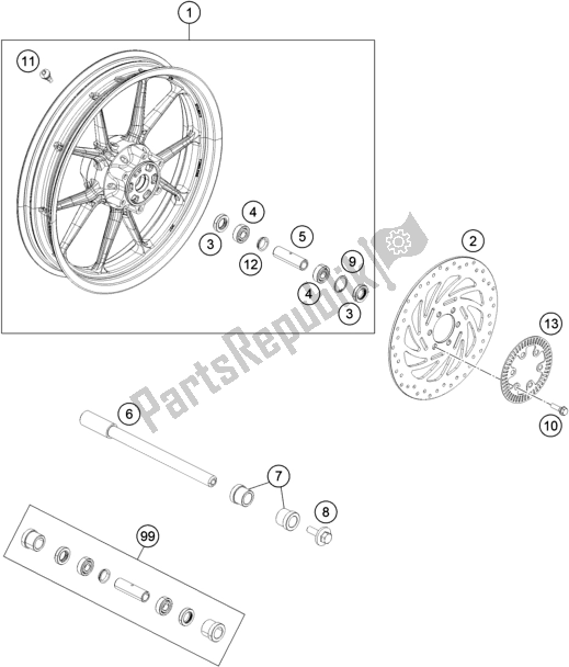 All parts for the Front Wheel of the KTM 390 Duke,white-B. D. 2018