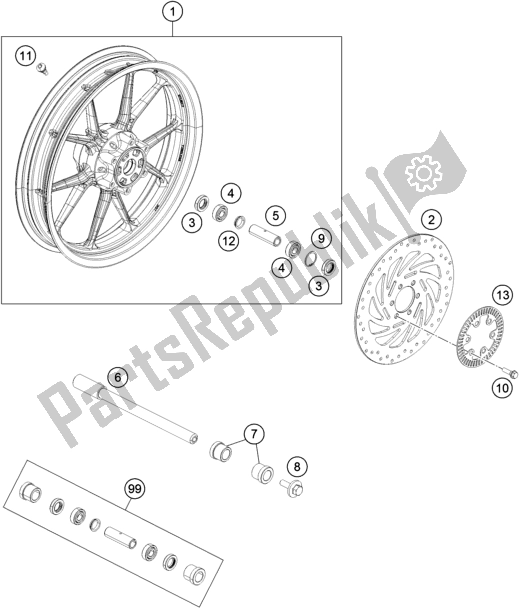 All parts for the Front Wheel of the KTM 390 Duke,white,-B. D. 2019 All parts for the Front Wheel of the KTM 390 Duke,white,-B. D. 2019