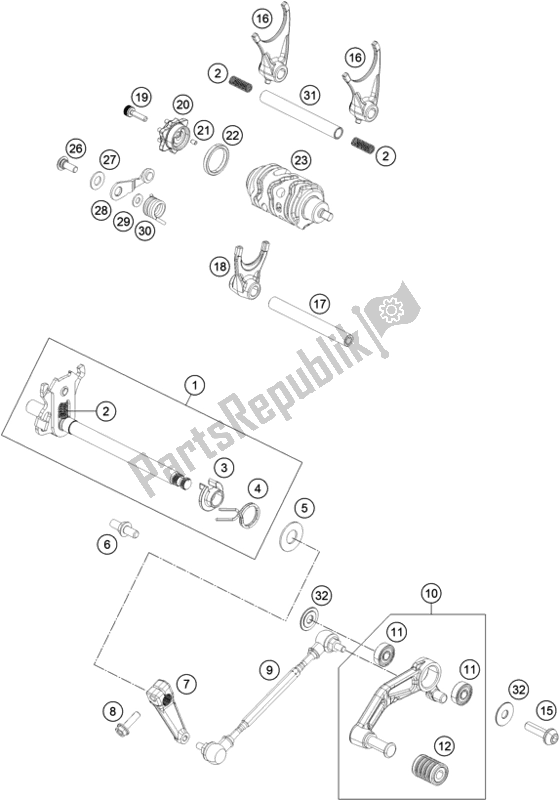 All parts for the Shifting Mechanism of the KTM 390 Duke,white,-B. D. 2019