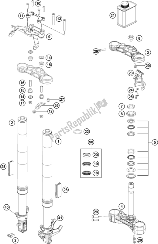 Alle onderdelen voor de Voorvork, Drievoudige Klem van de KTM 390 Duke,white-B. D. 2020