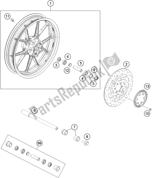 All parts for the Front Wheel of the KTM 390 Duke,white-B. D. 2021
