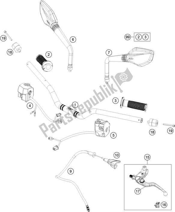 Tutte le parti per il Manubrio, Comandi del KTM 390 Duke,white-CKD 17 2017