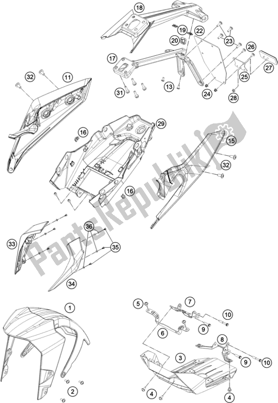 All parts for the Mask, Fenders of the KTM 390 Duke,white-CKD 17 2017